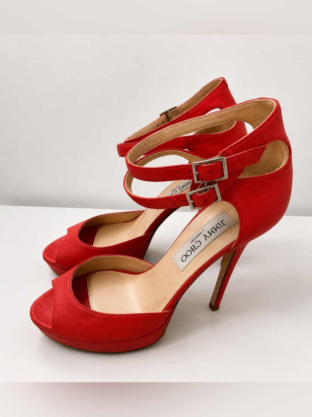 Jimmy Choo Women’s Red Leather Double Ankle Strap Open Toe Platform Heels Sz 36
